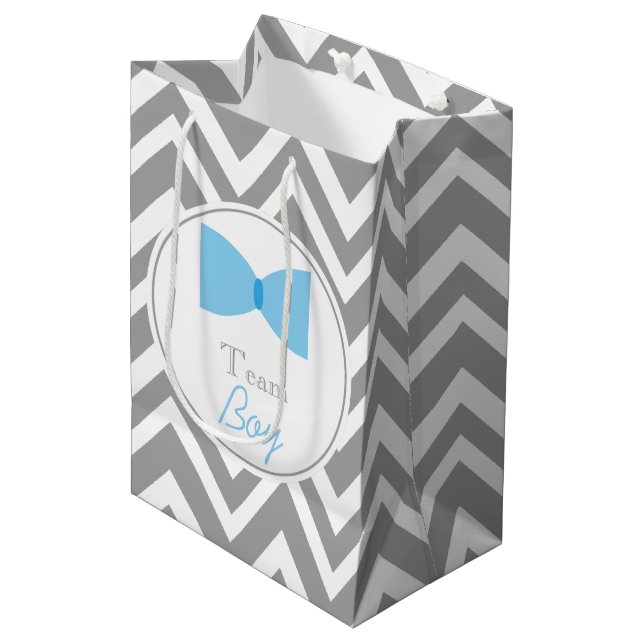 Grey Chevron Gender Reveal Bow Tie Team Boy Medium Gift Bag (Front Angled)