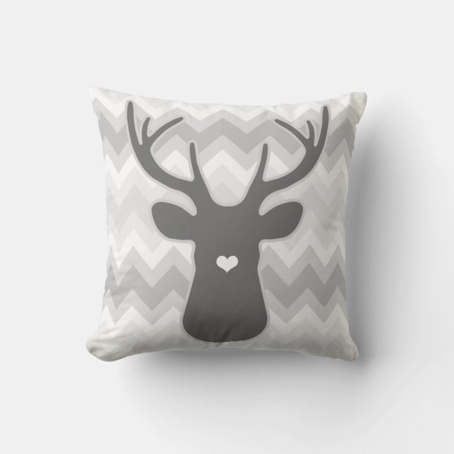 Grey Chevron Heart Nose Deer Throw Pillow (Front)