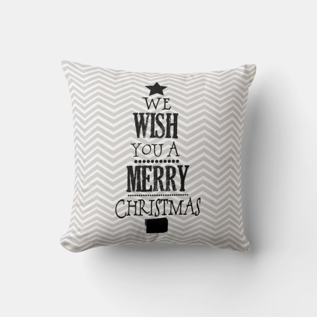 Grey Chevron Joyeux Coussin de Noël (Recto)