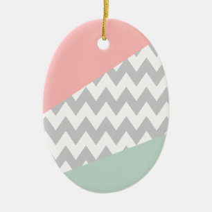 Grey Chevron  Mint and Coral Ceramic Ornament
