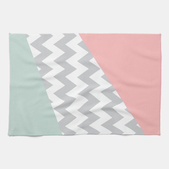 Grey Chevron - Mint and Coral Kitchen Towel (Horizontal)