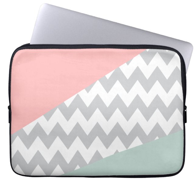 Grey Chevron  Mint and Coral Laptop Sleeve (Front)
