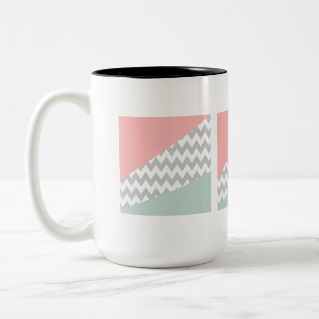 Grey Chevron  Mint and Coral Two-Tone Coffee Mug (Left)