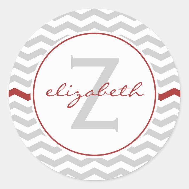 Grey Chevron Monogram Classic Round Sticker (Front)