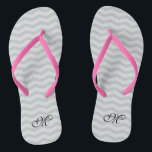 Grey chevron monogram wedding party flip flops<br><div class="desc">Grey / grey name monogram chevron pattern wedding flip flops. Custom colour strap for him and her / men and women. Custom background colour and personalized name initials. Modern trendy zigzag stripe design sandals. Vertical or horizontal lines. Cute party favour for beach theme wedding, marriage, bridal shower, engagement, anniversary, birthday,...</div>