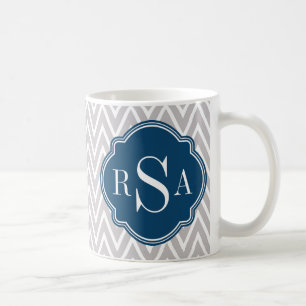 Grey Chevron Navy Monogram Initial Letter Coffee Mug