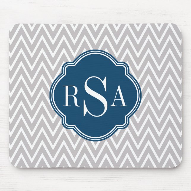 Grey Chevron Navy Monogram Initial Letter Mouse Pad (Front)