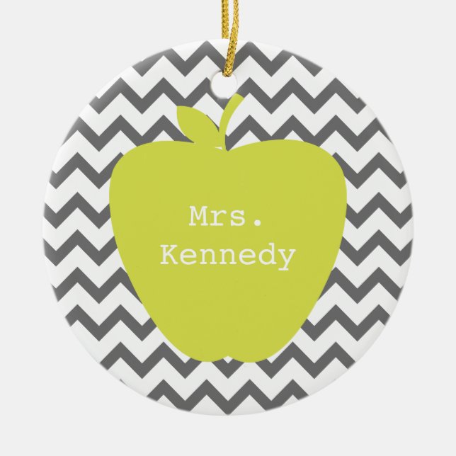 Grey Chevron Neon Apple Teacher Ceramic Ornament (Front)