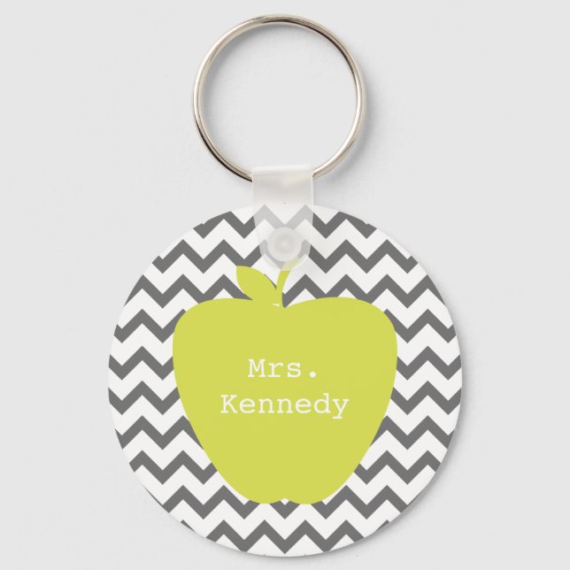 Grey Chevron Neon Apple Teacher Keychain (Front)