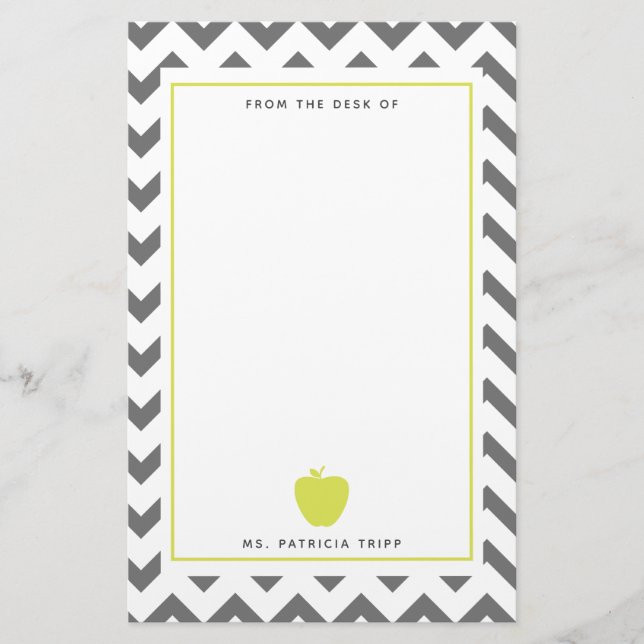 Grey Chevron Neon Apple Teacher Personalized Stationery (Front)