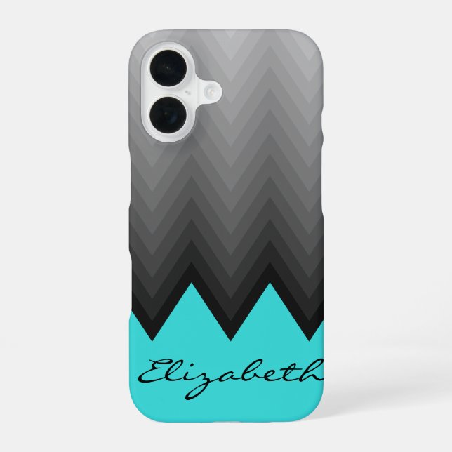Grey chevron ombre pattern turquoise Custom name iPhone 16 Case (Back)