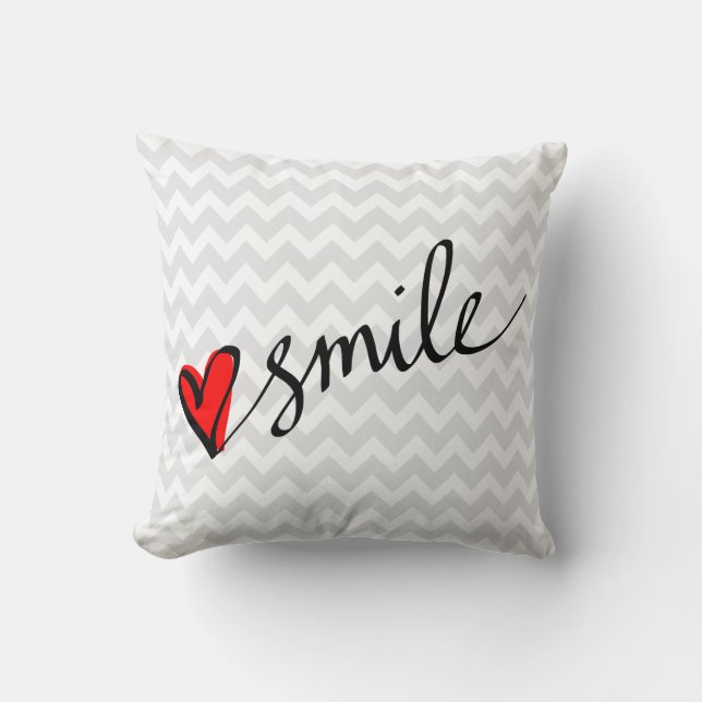 Grey Chevron Pattern Smile Cute Red Heart Throw Pillow (Front)
