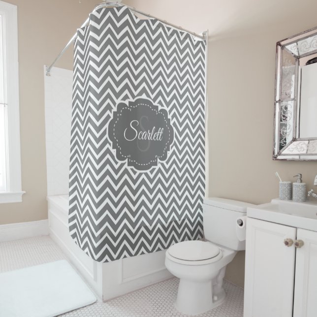 Grey Chevron Personalized Shower Curtain (In Situ)