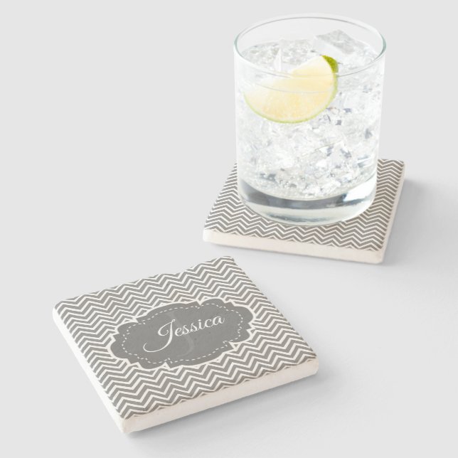 Grey Chevron Personalized Stone Coaster (Side)