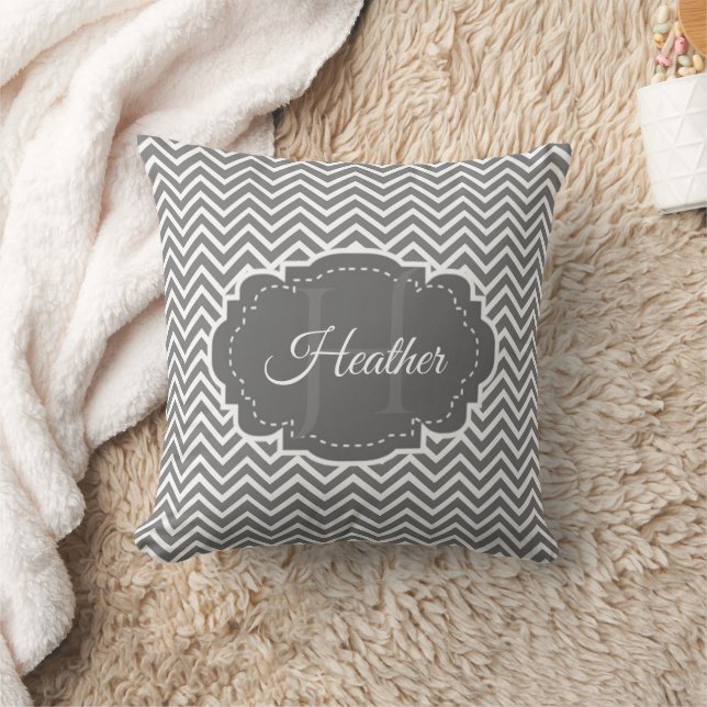 Grey Chevron Personalized Throw Pillow (Blanket)