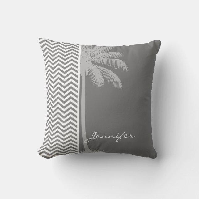 Grey Chevron Stripes; Tropical Palm Tree Throw Pillow (Front)