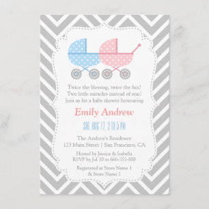 Grey Chevron Strollers Twins Baby Shower Invitation