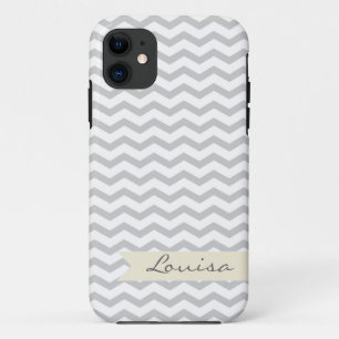 Grey Chevron with beige personalized label iPhone 11 Case
