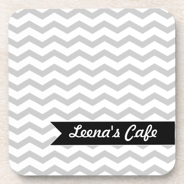 Grey Chevron with black personalized label Coaster (Front)