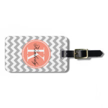 Grey Chevron with Coral Monogram