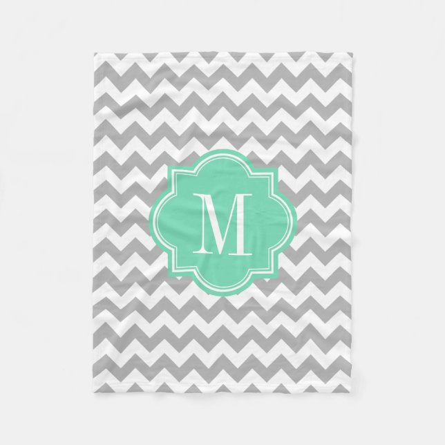 Grey Chevron with Mint Monogram Fleece Blanket (Front)