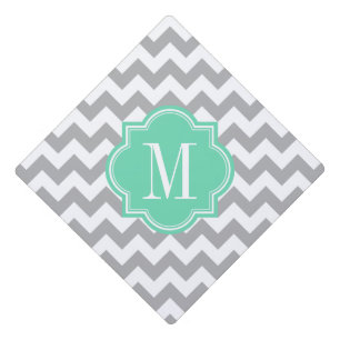 Grey Chevron with Mint Monogram Graduation Cap Topper