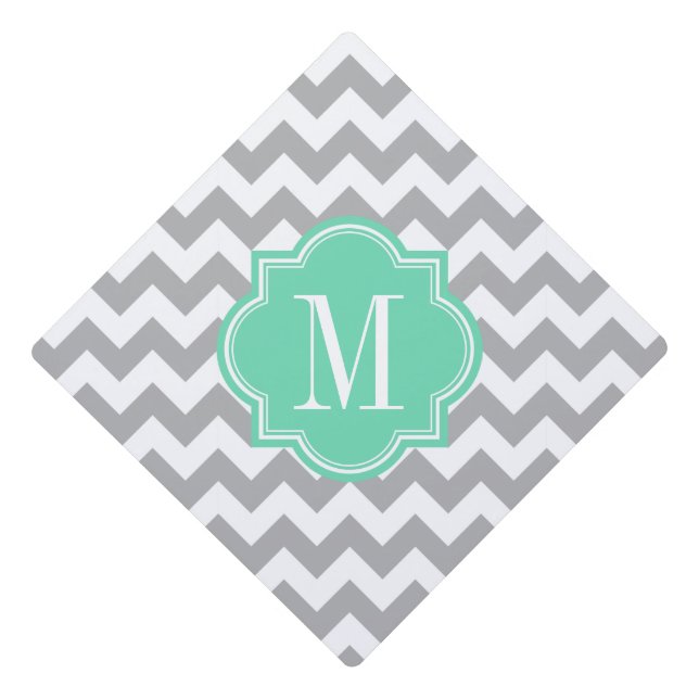 Grey Chevron with Mint Monogram Graduation Cap Topper (Front)
