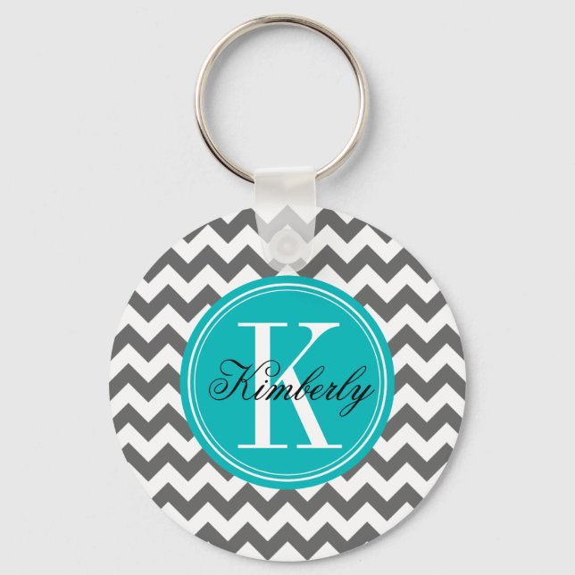 Grey Chevron with Teal Monogram Keychain (Front)
