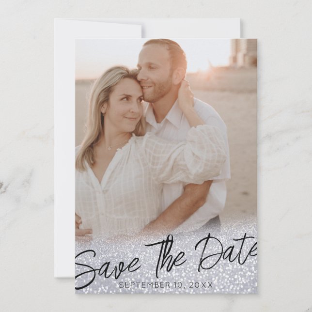 Grey Chic Glitter Wedding Photo Save the Date Invitation (Front)