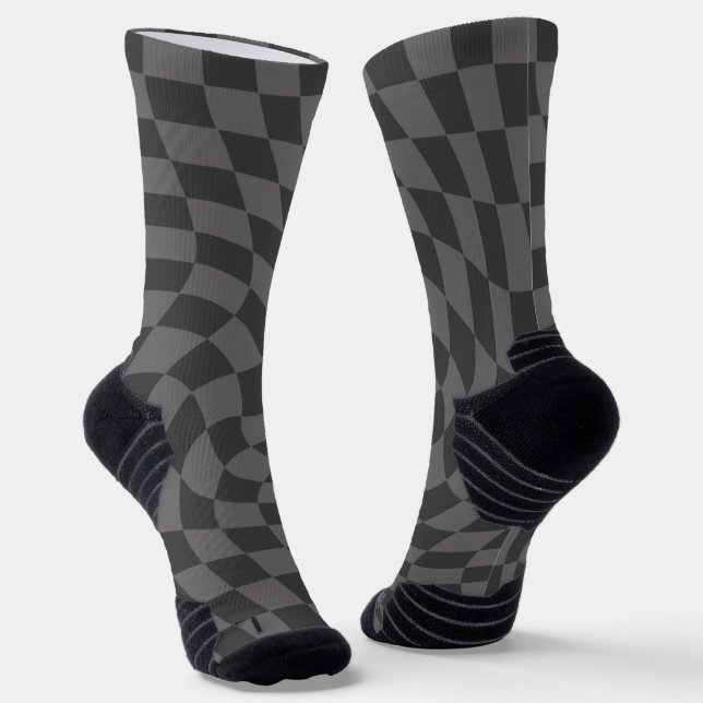 Grey Chic Retro Warped Checks Chequered   Socks (Angled)