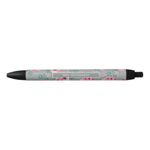 Grey Chic Watercolour Floral Personalised Black Ink Pen