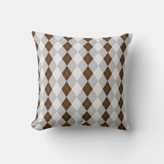 Grey & CHOCOLATE BROWN Diamonds ARGYLE Pattern Throw Pillow (Front)