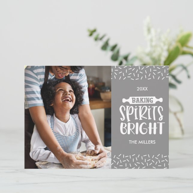 Grey | Christmas Baking Spirits Bright Photo Holiday Card (Standing Front)