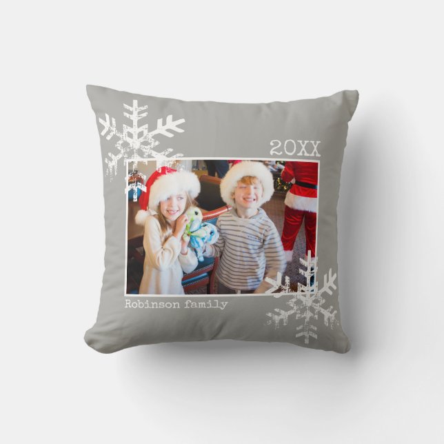 Grey Christmas Photo Distressed Snowflakes Throw Pillow (Front)