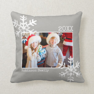 Grey Christmas Photo Distressed Snowflakes Throw Pillow