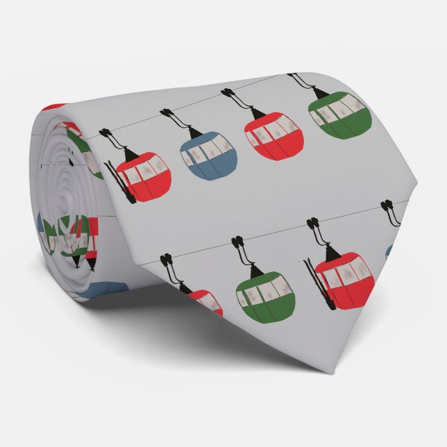 Grey Christmas Ski Lift Illustration Skier Tie (Rolled)