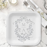 Grey Classic Floral Crest Monogram Wedding Paper Plate<br><div class="desc">Elegant French victorian grey floral wedding paper plate. For more advanced customization of this design,  please click the DESIGN TOOL BUTTON above!</div>