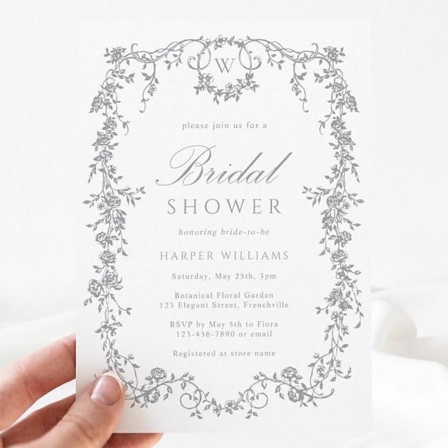 Grey Classic French Floral Bridal Shower Invitation (Creator Uploaded)