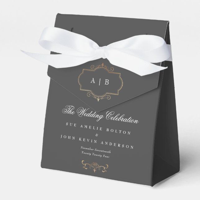 grey classic gold crest monogram wedding favor box (Front Side)