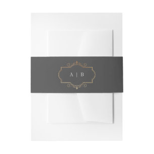 grey classic gold crest monogram wedding invitation belly band