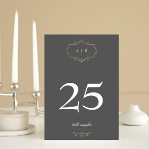 grey classic gold crest monogram wedding table number
