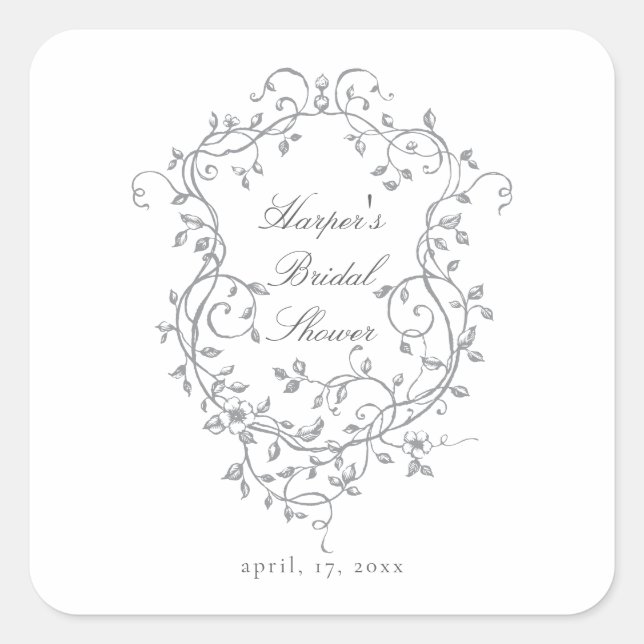 Grey Classy French Victorian Bridal Shower Square Sticker (Front)