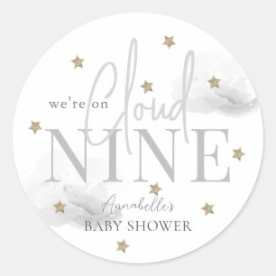 Grey Cloud 9 Gold Stars Watercolor Boy Baby Shower Classic Round Sticker