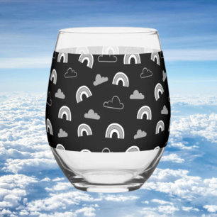 Grey Clouds and Rainbows on Black Stemless Wine Glass