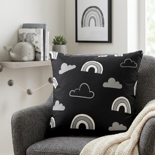 Grey Clouds and Rainbows on Black Throw Pillow