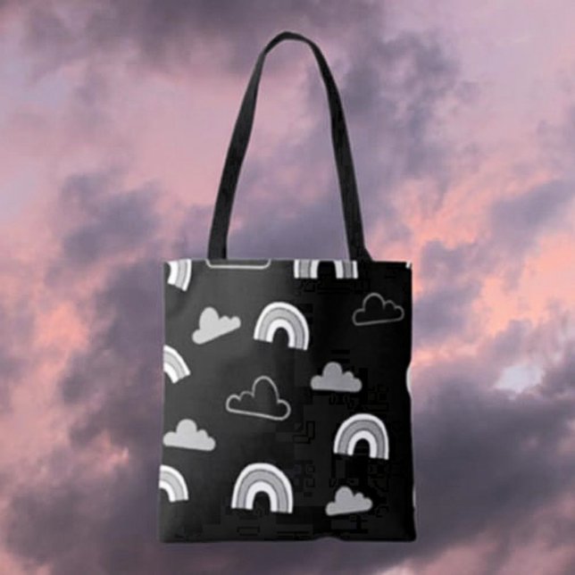Grey Clouds and Rainbows on Black Tote Bag (Creator Uploaded)