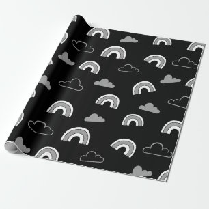 Grey Clouds and Rainbows on Black Wrapping Paper