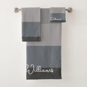 GREY COLOR PALETTE STRIPE LINE PATTERN CUSTOM NAME BATH TOWEL SET