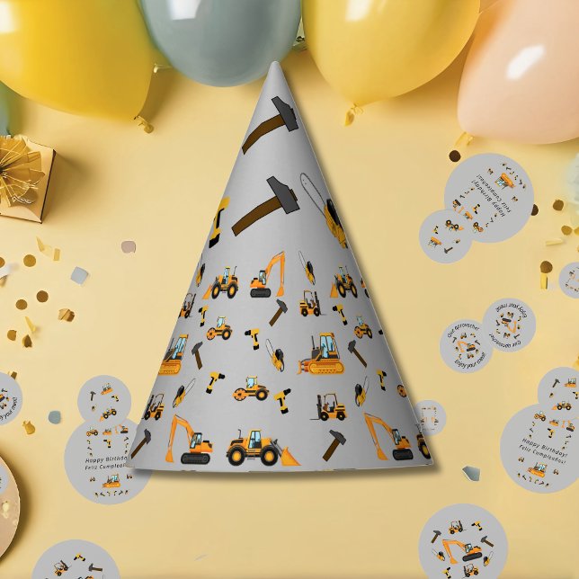 Grey Construction Boy Birthday Bilingual Party Hat (Bilingual gray Party hat for boy, cosntruction themed supplies. Multilingual project)