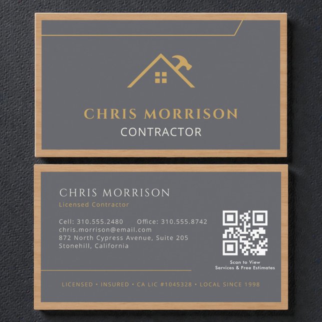 Grey Construction Professional Wood QR Code Business Card (Creator Uploaded)